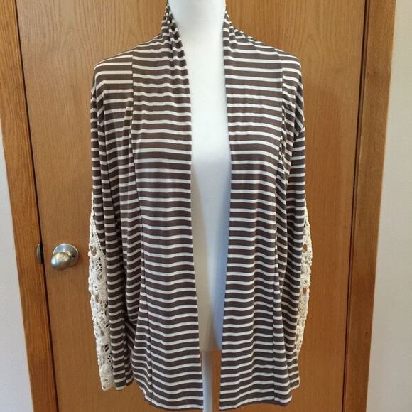 Taupe Striped Knit Open Lightweight Cardigan M - Picture 2 of 7